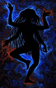 a painting of a woman dancing with her arms outstretched in front of blue and red swirls