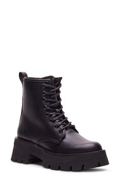 An unmistakable lug sole dials up the utilitarian attitude of this essential lace-up boot. 2 1/4" heel 5 3/4" shaft Lace-up style; side zip closure Synthetic upper/synthetic and textile lining/synthetic sole Imported Edgy Lace-up Combat Boots With Reinforced Heel, Edgy Ankle-high Combat Boots With Lug Sole, Edgy Combat Boots With Lacing And Round Toe, Lace-up Combat Boots With Reinforced Heel For Streetwear, Edgy Combat Boots With Lacing, Streetwear Lace-up Combat Boots With Reinforced Heel, Edgy Lace-up Combat Boots With Lug Sole, Greaser Girl, Steve Madden Boots