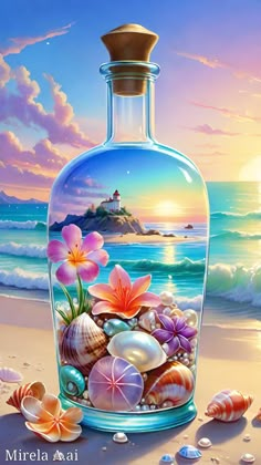 a bottle filled with seashells on top of a beach next to the ocean