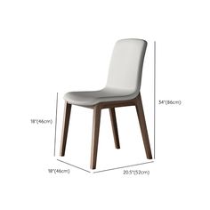 a white chair with wooden legs and measurements for the seat height, shown from front to back