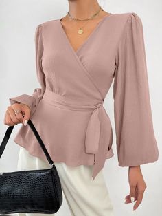 Dusty Pink Elegant  Long Sleeve Polyester Plain Peplum  Non-Stretch Spring/Fall Women Tops, Blouses & Tee Blouses For Women Casual Classy, Satin Top Blouses, Graduation Suits, Wedding Guest Outfit Fall, Classy Blouses, Satin Formal Dress, Batwing Sleeve Top, Corset Dress Prom