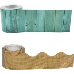 two rolls of burlap tape next to each other on a white background with wood planks