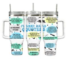 three travel mugs with the words funny bad quotes on them