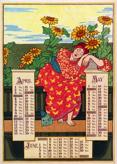 a calendar with an image of a woman sitting on a bench and sunflowers in the background