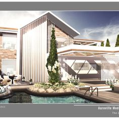 an artist's rendering of a house with a pool in the foreground and landscaping around it