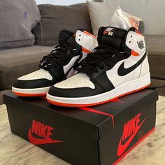 Nwt, Nike Air Jordan 1 Retro High Og Gs Size 4y White/Black/Electro Orange Never Worn, Comes With Original Box And Laces (Orange Laces, Black Laces And White Laces Included) Perfect Sneaker And Color For The Fall. Jordan 1 Orange, Shoes Wallpaper, Perfect Sneakers, Nike Tennis Shoes, Nike Fashion Shoes, Black And White Sneakers, Air Jordan 1 Retro High Og, Shoes Sneakers Jordans, Womens Golf Shoes