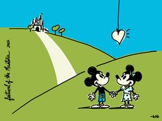 mickey and minnie holding hands in the middle of a field with a castle in the background