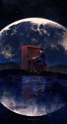 a man sitting at a piano in front of a full moon with the sky reflecting on water