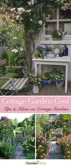 the cover of cottage garden cool book is shown with flowers and benches in front of it