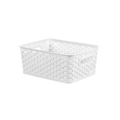 a white plastic basket with holes on the bottom and sides, in front of a white background