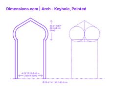 the measurements for an arch - keyhole pointed door and its design is shown in purple