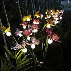 some flowers that are sitting in the grass with lights on them and butterflies around them