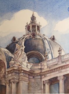 a watercolor painting of a domed building with statues on it's roof and sky in the background