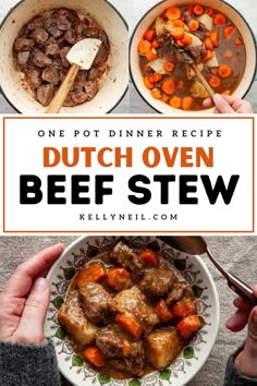 the dutch oven beef stew with carrots and potatoes in it is served on a white plate