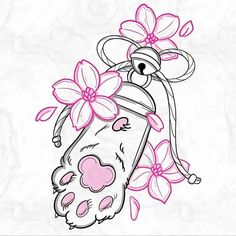 a drawing of a cat with flowers on it's head and paws in the air