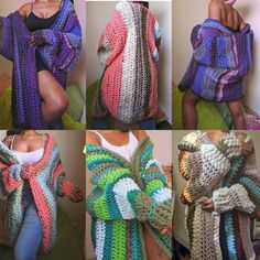 there are four pictures of different crocheted scarves on the woman's shoulders