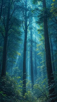 the sun shines through the tall trees in the forest