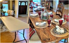 the dining room table is set with place settings