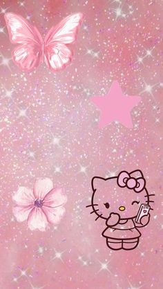 the hello kitty wallpaper is pink and has butterflies flying over it, as well as flowers