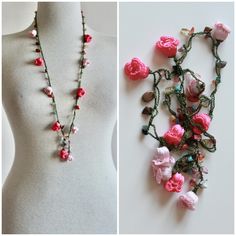 two pictures one with pink flowers and the other with green beads, both decorated in crochet