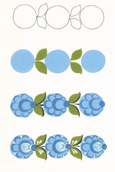 blue flowers and green leaves are arranged in the shape of circles on a white background