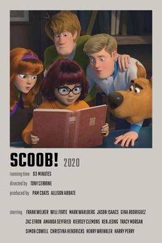 the poster for scoob is shown with three children looking at an open book