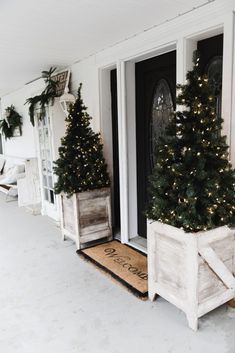 two christmas trees are on the front porch