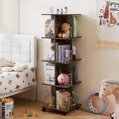 a toy horse is next to a bookshelf in a child's bedroom