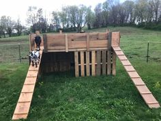 a goat is standing in the middle of a wooden structure with stairs leading up to it