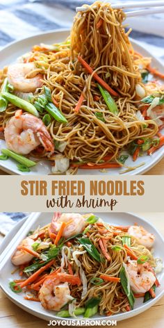 shrimp stir fry noodles on a white plate