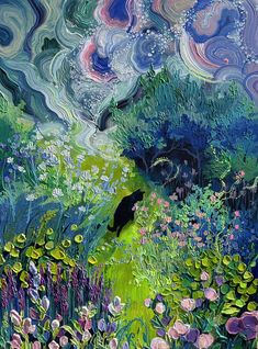 a painting of a black cat in the middle of a flowery field with swirls and clouds