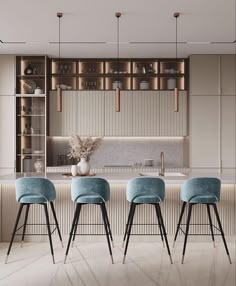 four blue stools in front of a kitchen island with marble countertops and shelves