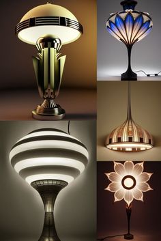 four different types of lamps with lights on them