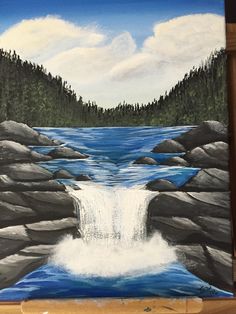 a painting of a waterfall in the middle of a lake