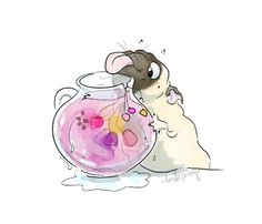 a drawing of a dog in front of a fish bowl filled with water and bubbles