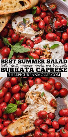 Burrata, cherry tomatoes, herb vinaigrette, and fresh basil. Marinated Tomatoes, Burrata Cheese, Spicy Salmon, Summer Recipe, Summer Appetizer, Fast Easy Meals, Eating Clean, Entertaining Recipes