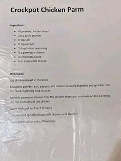 the instructions for crockpot chicken parm are shown in black and white text