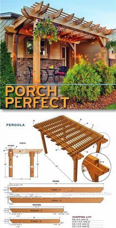 the plans for a pergola table and bench in front of a house with an attached