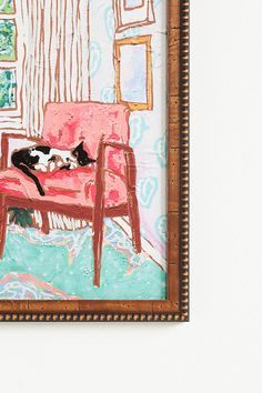 a painting of a cat laying on a pink chair in front of a white wall