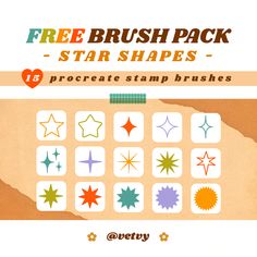 a poster with different shapes and colors on the back of it's cover, which reads free brush pack stars shapes