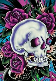 a skull with roses on its head is in front of a blue background and pink flowers