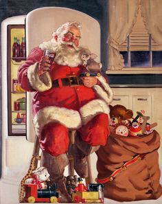 a painting of santa claus sitting on a chair with toys in front of him and looking at the camera