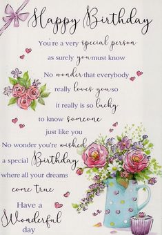 a birthday card with pink flowers in a blue vase and the words happy birthday written on it