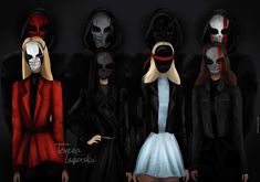 four women in black and red are standing next to each other with skulls on their faces