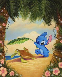 a painting of stitch and stitch on the beach