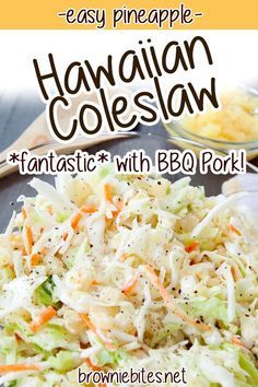 hawaiian coleslaw with broccoli and carrots in a bowl on a table