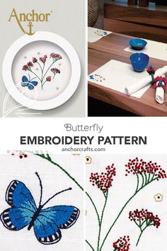 the embroidery pattern for butterflies and flowers is shown in three different pictures, with text overlay