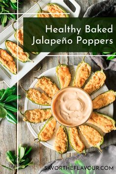 healthy baked jalapeno poppers on a plate with dipping sauce in the middle