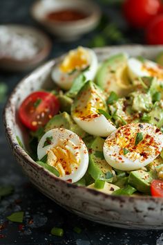 Salad with avocado, boiled eggs, cherry tomatoes, and sprinkled with herbs and paprika. Meal Prep Guide, Chicken Fajita Recipe, Stuffed Avocado Healthy, Egg Salad Recipe, Summer Eating, Egg Salad, Easy Salad Recipes, Salad Ingredients