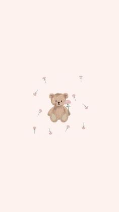 a brown teddy bear sitting in the middle of dandelions on a pink background